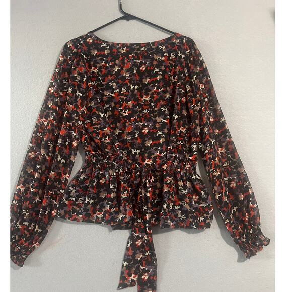 Forever 21 Blouse Womens Medium Black Floral Button Fron Cinched Waist - Picture 2 of 6